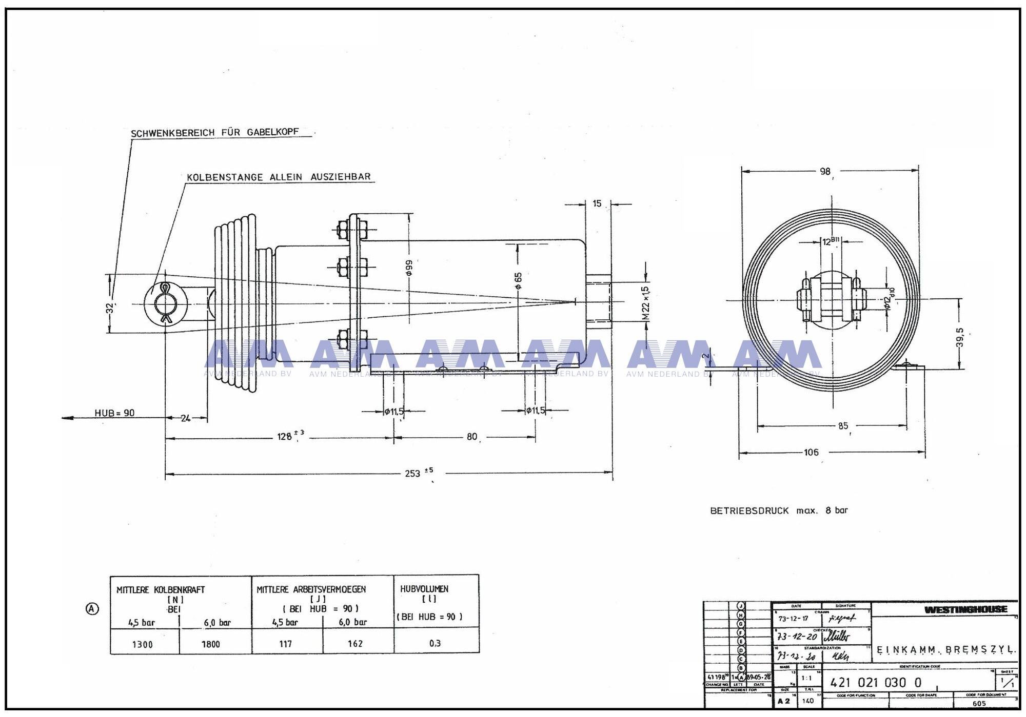 Einkamm Bremszylinder 421.021.030.0 Wabco